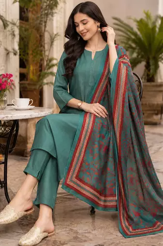 Women's straight side slit  kurta pant set with digital dupatta