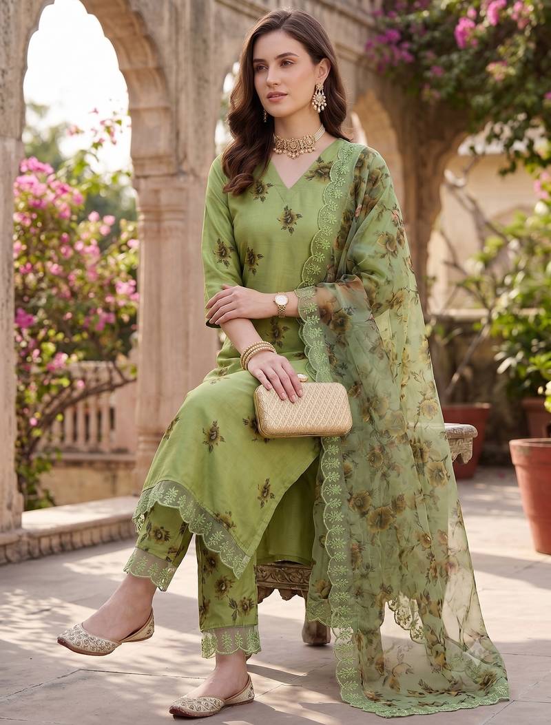 Women's silk chiffon embroidered kurta set with digital dupatta