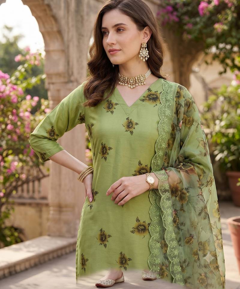 Women's silk chiffon embroidered kurta set with digital dupatta