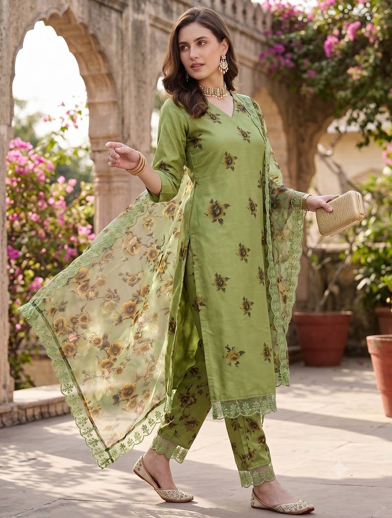 Women's silk chiffon embroidered kurta set with digital dupatta