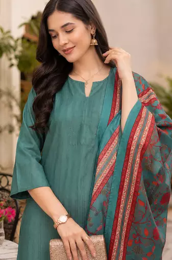 Women's straight side slit  kurta pant set with digital dupatta