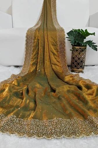 Mehndi Green Color Hand Dimond Work Chiffon Saree