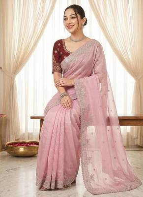 Pink Color Embroidery And Sequences Work Satin Saree 1