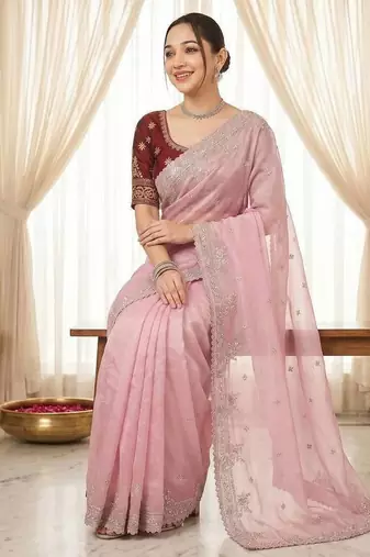 Pink Color Embroidery And Sequences Work Satin Saree