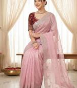 Pink Color Embroidery And Sequences Work Satin Saree