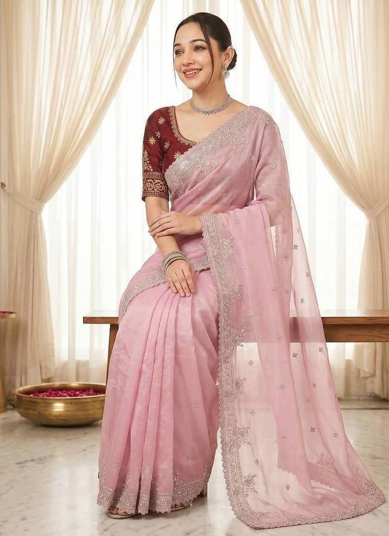 Pink Color Embroidery And Sequences Work Satin Saree