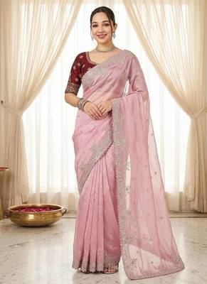 Pink Color Embroidery And Sequences Work Satin Saree 2