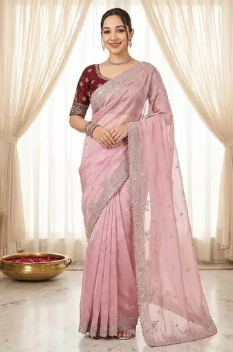 Pink Color Embroidery And Sequences Work Satin Saree