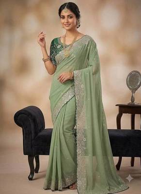 Light Green Embroidery Thread And Zari Work Georgette Saree 1