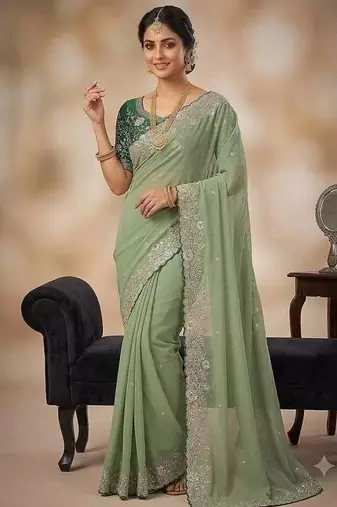 Light Green Embroidery Thread And Zari Work Georgette Saree