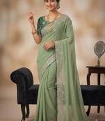 Light Green Embroidery Thread And Zari Work Georgette Saree