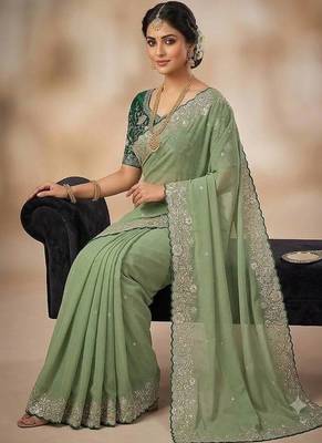 Light Green Embroidery Thread And Zari Work Georgette Saree 2