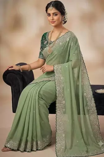 Light Green Embroidery Thread And Zari Work Georgette Saree