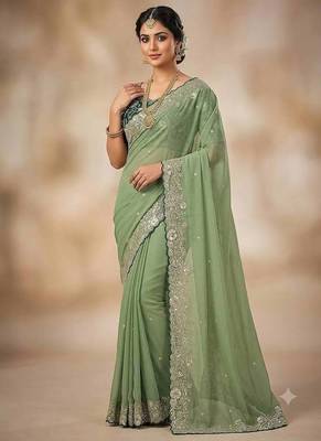 Light Green Embroidery Thread And Zari Work Georgette Saree 3
