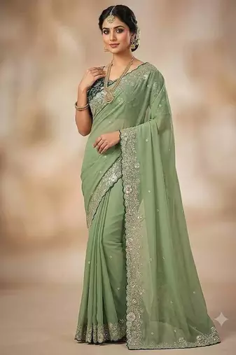 Light Green Embroidery Thread And Zari Work Georgette Saree