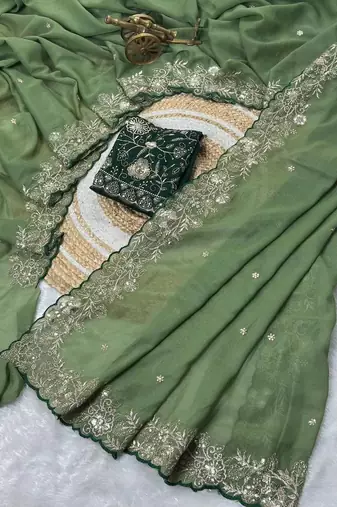 Light Green Embroidery Thread And Zari Work Georgette Saree