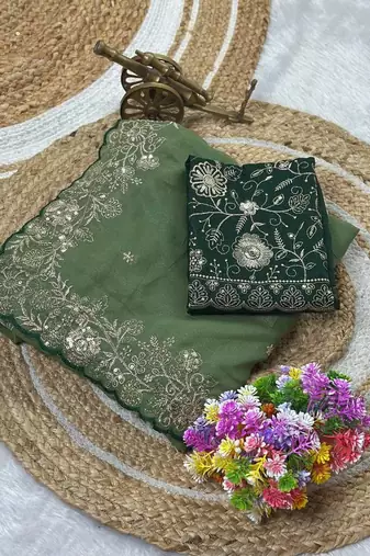 Light Green Embroidery Thread And Zari Work Georgette Saree