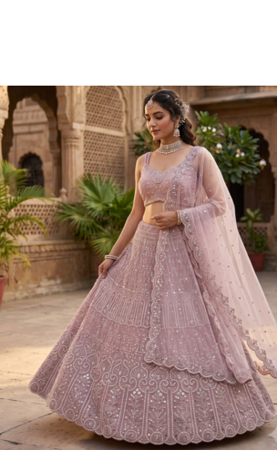  Elegant Dusty Pink Bridal Lehenga Choli with Heavy Embroidery and Net Dupatta 1