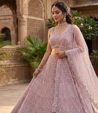  Elegant Dusty Pink Bridal Lehenga Choli with Heavy Embroidery and Net Dupatta