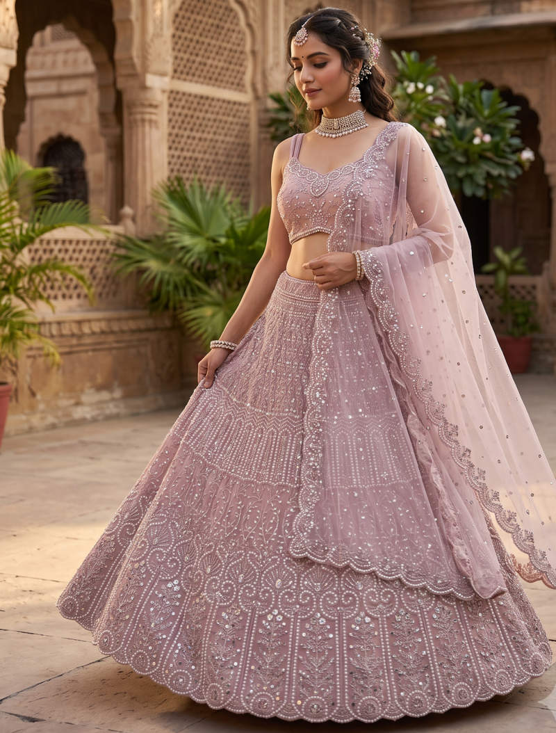  Elegant Dusty Pink Bridal Lehenga Choli with Heavy Embroidery and Net Dupatta