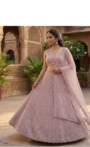  Elegant Dusty Pink Bridal Lehenga Choli with Heavy Embroidery and Net Dupatta 2