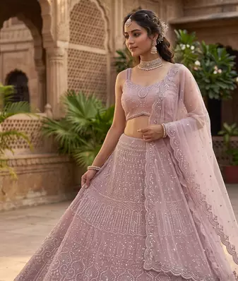  Elegant Dusty Pink Bridal Lehenga Choli with Heavy Embroidery and Net Dupatta