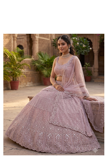  Elegant Dusty Pink Bridal Lehenga Choli with Heavy Embroidery and Net Dupatta 3