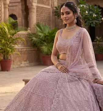  Elegant Dusty Pink Bridal Lehenga Choli with Heavy Embroidery and Net Dupatta