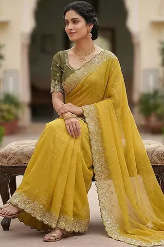 Yellow Color Embroidery Thread And Zari Work Georgette Saree