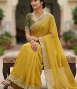 Yellow Color Embroidery Thread And Zari Work Georgette Saree