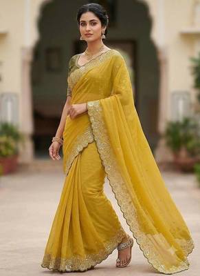 Yellow Color Embroidery Thread And Zari Work Georgette Saree 2