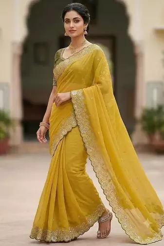 Yellow Color Embroidery Thread And Zari Work Georgette Saree