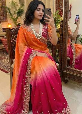 Rani Pink Color Embroidery Sequence Work Sartin Saree 2
