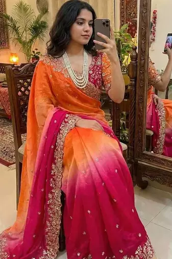 Rani Pink Color Embroidery Sequence Work Sartin Saree