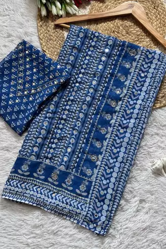 Royal Blue Color Khatali Handwork And Real Mirror Work Georgette Saree