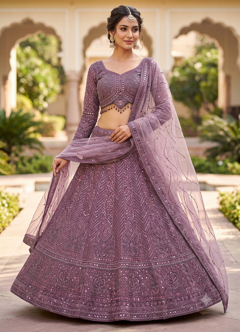 Elegant Mauve Purple Designer Lehenga Choli with Intricate Sequin Embroidery and Net Dupatta