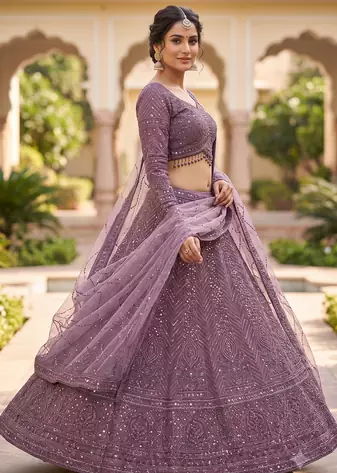 Elegant Mauve Purple Designer Lehenga Choli with Intricate Sequin Embroidery and Net Dupatta