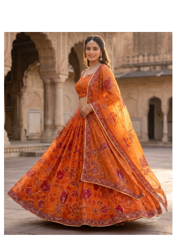 Royal Orange Floral Embroidered Lehenga Choli with Dupatta 1