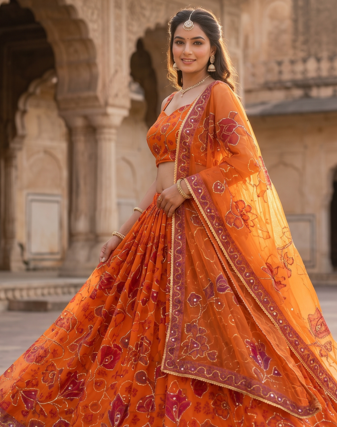 Royal Orange Floral Embroidered Lehenga Choli with Dupatta