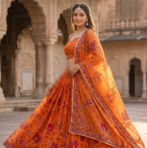 Royal Orange Floral Embroidered Lehenga Choli with Dupatta
