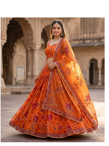 Royal Orange Floral Embroidered Lehenga Choli with Dupatta 2