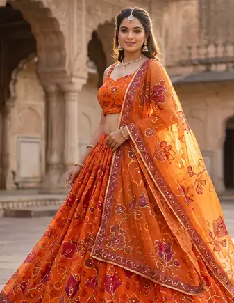 Royal Orange Floral Embroidered Lehenga Choli with Dupatta