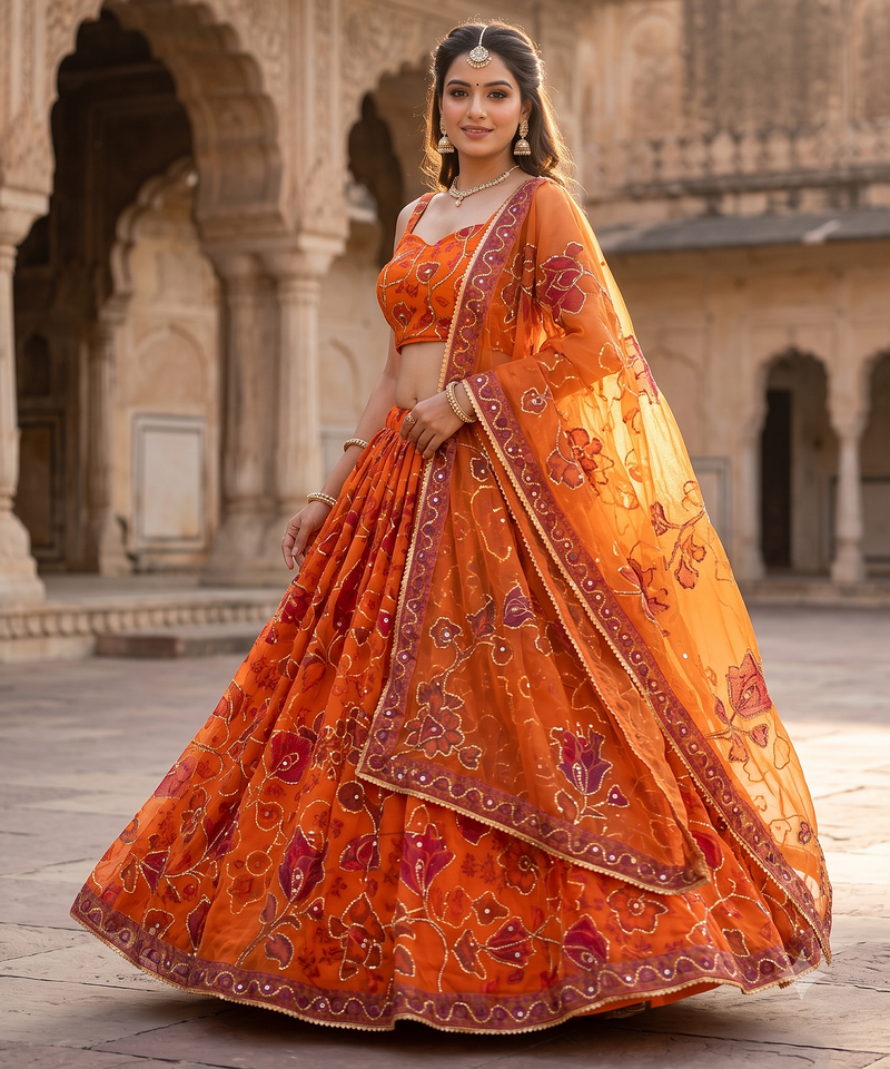 Royal Orange Floral Embroidered Lehenga Choli with Dupatta