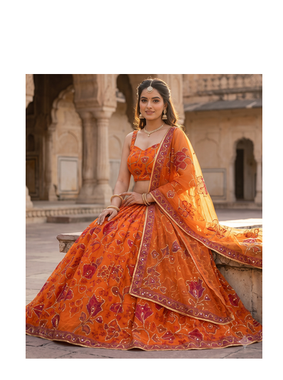 Royal Orange Floral Embroidered Lehenga Choli with Dupatta 3