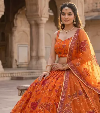 Royal Orange Floral Embroidered Lehenga Choli with Dupatta