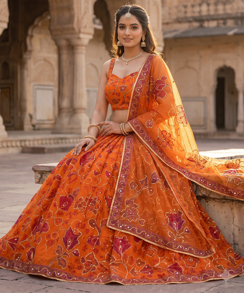 Royal Orange Floral Embroidered Lehenga Choli with Dupatta