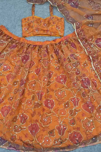 Royal Orange Floral Embroidered Lehenga Choli with Dupatta