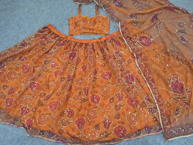 Royal Orange Floral Embroidered Lehenga Choli with Dupatta