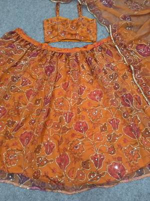 Royal Orange Floral Embroidered Lehenga Choli with Dupatta 5