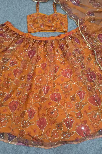 Royal Orange Floral Embroidered Lehenga Choli with Dupatta